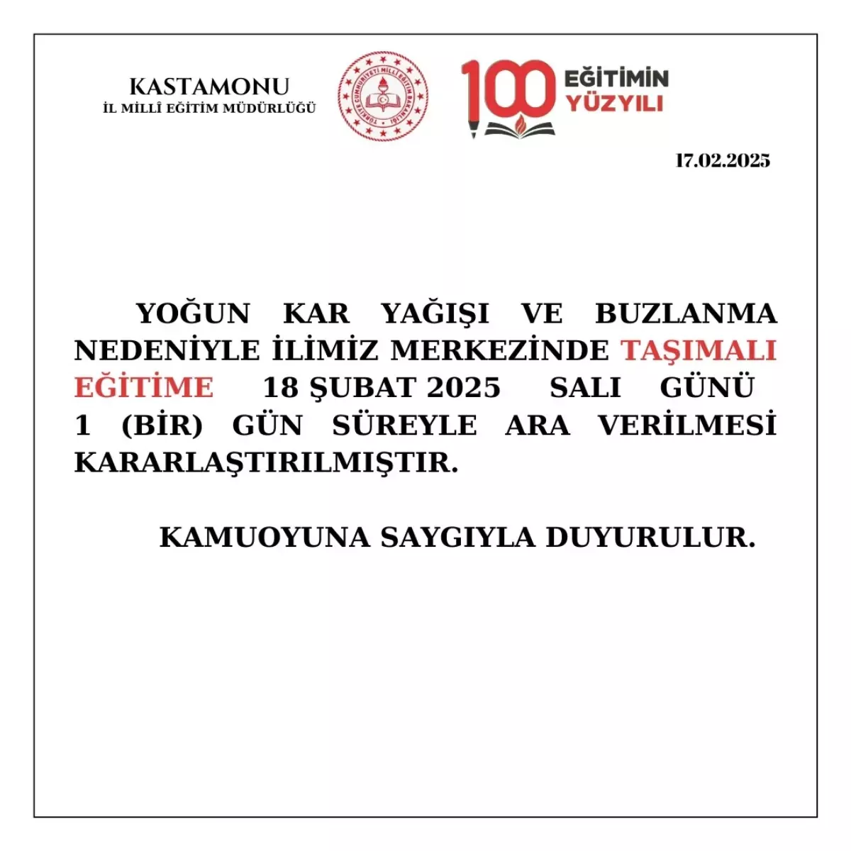 Kastamonu’da Taşımalı Eğitime Kar Engeli