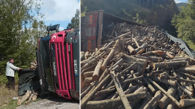 orduda tomruk kamyonu devrildi 21 ton tomruk yola sacildi gVqXtKnS